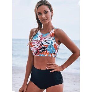 Womens Tropical Print High-Neck Bikini Set High-Waisted Black Bottoms Size S